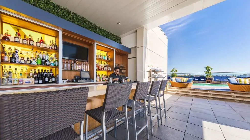 The rooftop bar beside the pool, backlit shelves under a band of ivy.