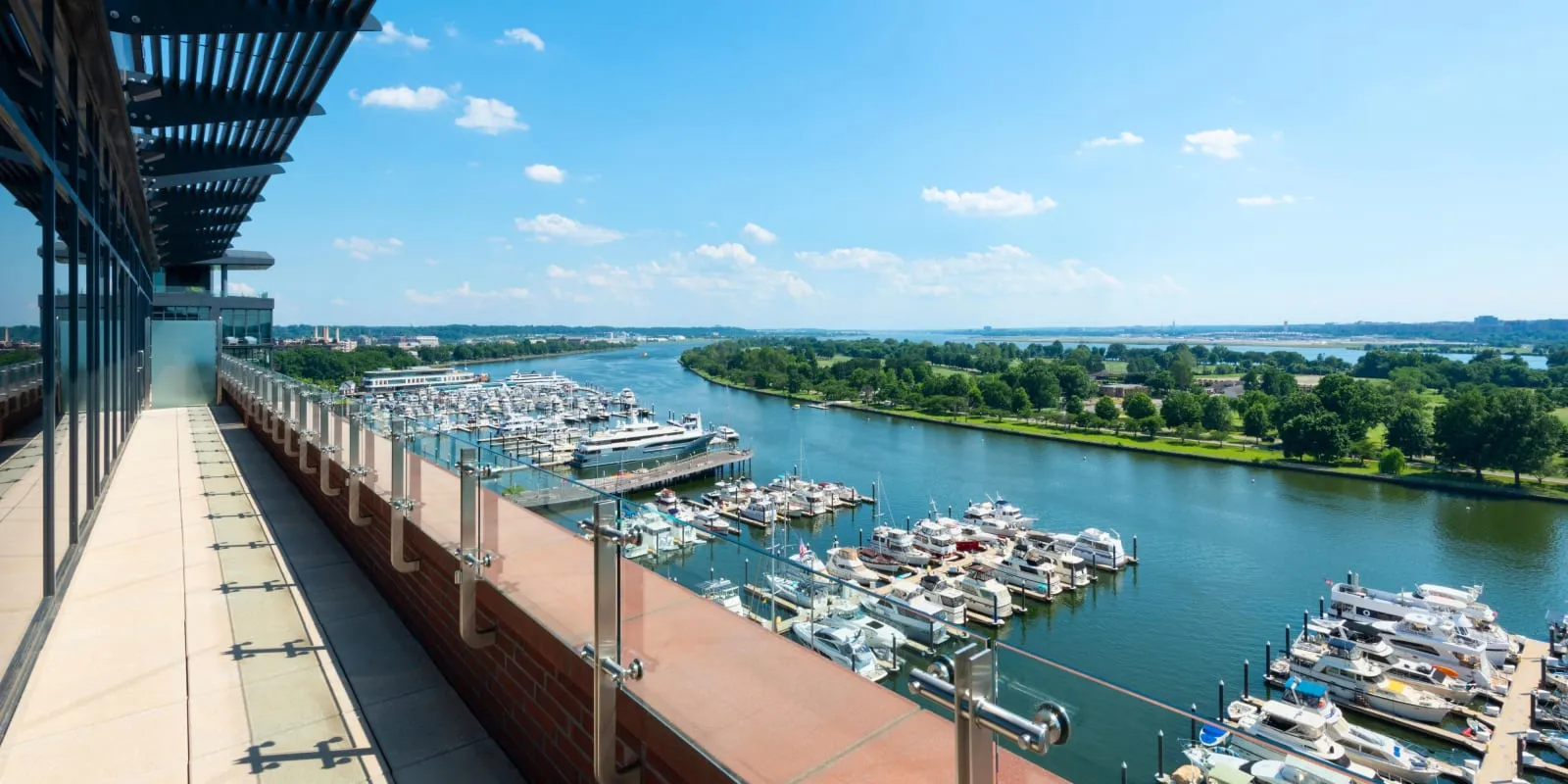 The rooftop terrace over the marina, ranked yachts and open water beyond.