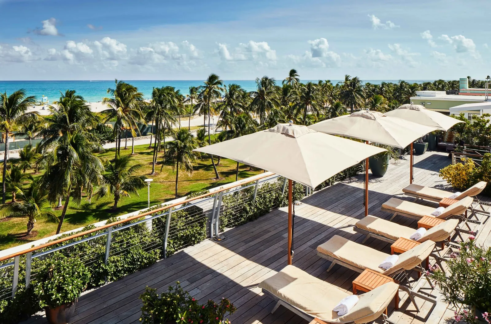 The sun deck over Lummus Park, teak loungers with the Atlantic beyond.